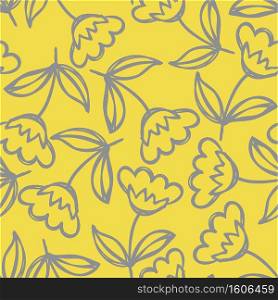 Floral yellow and gray seamless pattern. Hand drawn flowers. Vector illustration. Marker doodle sketch. Line art silhouettes. Repeat contour drawing
