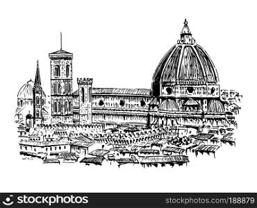 Florence. Duomo Santa maria del fiore. Vector hand drawn sketch illustration. City panorama. Can be used at advertising, traveling, postcards, prints, textile, design. For banners, stickers logo. Cathedral in Florence, Italy. Vector hand drawn sketch