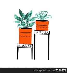 Floriculture. Set of flower pots on flower stands. Vector illustration with vintage textures on a white background.. Floriculture. Set of flower pots on flower stands. Vector illustratio