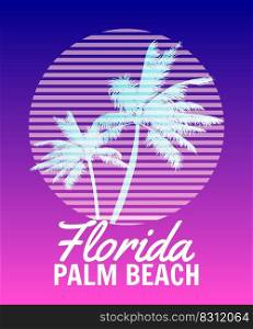 Florida Palm Beach sunset print t-shirt design. Poster palm tree silhouettes, gradient, typorgaphy. Vector illustration. Florida Palm Beach sunset print t-shirt design. Poster palm tree silhouettes