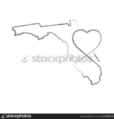 Florida US state hand drawn pencil sketch outline map with heart shape. Continuous line drawing of patriotic home sign. A love for a small homeland. T-shirt print idea. Vector illustration.. Florida US state hand drawn pencil sketch outline map with the handwritten heart shape. Vector illustration