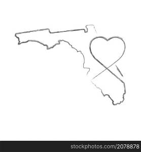 Florida US state hand drawn pencil sketch outline map with heart shape. Continuous line drawing of patriotic home sign. A love for a small homeland. T-shirt print idea. Vector illustration.. Florida US state hand drawn pencil sketch outline map with the handwritten heart shape. Vector illustration