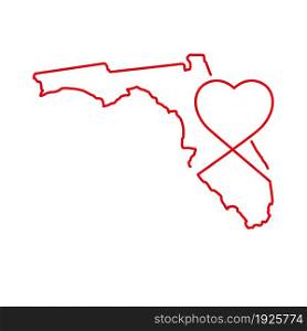Florida US state red outline map with the handwritten heart shape. Continuous line drawing of patriotic home sign. A love for a small homeland. T-shirt print idea. Vector illustration.. Florida US state red outline map with the handwritten heart shape. Vector illustration