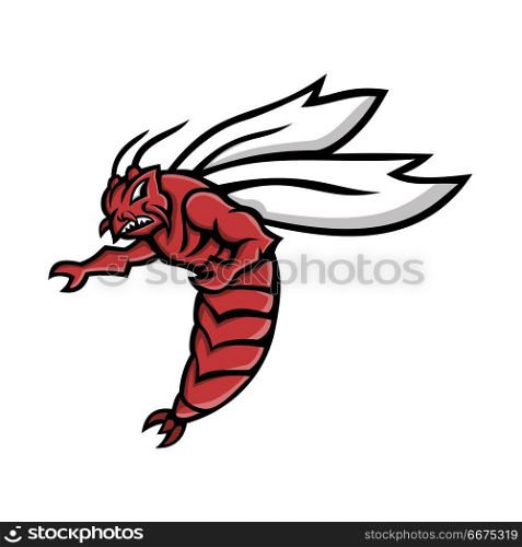 Florida Woods Cockroach Mascot. Mascot icon illustration of a Florida woods cockroach, Florida skunk roach, Florida stinkroach, skunk cockroach or palmetto bug pointing with wings flying on isolated background in retro style.. Florida Woods Cockroach Mascot