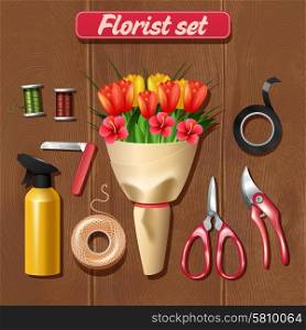 Florist accessories set with realistic bunch of flowers on wooden background vector illustration. Florist Accessories Set