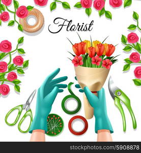 Florist Color Concept . Flowers in bunch with florist equipment and tools tulip and rose colorful concept vector illustration