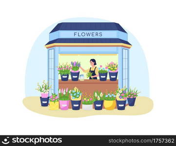 Florist kiosk 2D vector web banner, poster. Small business owner flat character on cartoon background. Flower shop, working on bouquet arrangements printable patch, colorful web element. Florist kiosk 2D vector web banner, poster