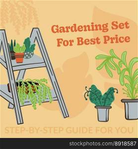 Florist shop and store equipment and gardening set for best price, selling products for gardeners. Hobby and care for plants and flowers. Promotional banner or advertisement, vector in flat style. Gardening set for best price, promotional banner