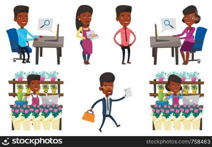 Florist standing behind the counter at flower shop. Florist using phone and laptop to take order. Man working in flower shop. Set of vector flat design illustrations isolated on white background.. Vector set of business characters.