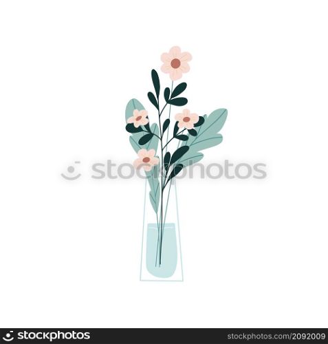 Floristic arrangement of beautiful flowers in a glass vase. An elegant bouquet of delicate flowers. Cartoon flat vector illustration isolated on white background.. Floristic arrangement of beautiful flowers in a glass vase. An elegant bouquet of delicate flowers. Cartoon flat vector illustration isolated on white background