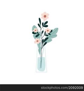 Floristic arrangement of beautiful flowers in a glass vase. An elegant bouquet of delicate flowers. Cartoon flat vector illustration isolated on white background.. Floristic arrangement of beautiful flowers in a glass vase. An elegant bouquet of delicate flowers. Cartoon flat vector illustration isolated on white background