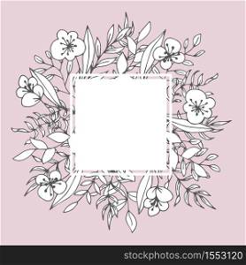 Floristic decor flower frame greeting card blank template vector bud and leaves wedding invitation or postcard mockup botany and greenery empty or blank space square framework monochrome blossom. Flower square frame floristic decor greeting card