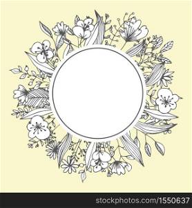 Floristic decor flower frame greeting card template vector bud and leaves wedding invitation or postcard mockup botany and greenery empty or blank space round framework monochrome spring blossom. Flower frame greeting card template floristic decor