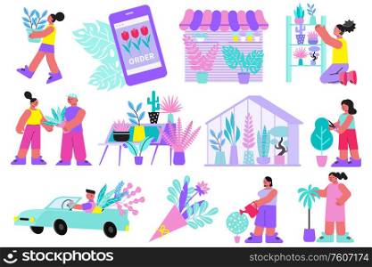 Floristry set of flat icons and isolated images of flowers in hothouse and doodle human characters vector illustration