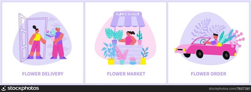 Floristry set with three flat compositions of text captions and human characters carrying and selling flowers vector illustration. Floristry Flat Compositions Set