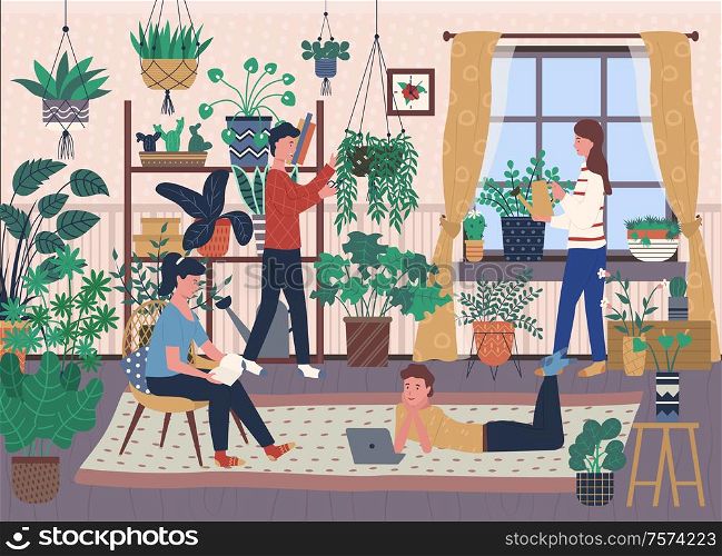 Florists and house full of indoor plants in pots vector. Greenery and vegetation, botany and floristry, watering can and scissors, room, men and women. House full of Indoor Plants and Greenery, Florists