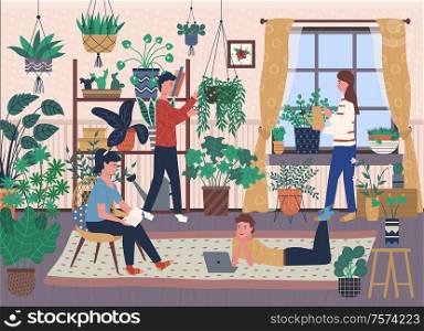 Florists and house full of indoor plants in pots vector. Greenery and vegetation, botany and floristry, watering can and scissors, room, men and women. House full of Indoor Plants and Greenery, Florists