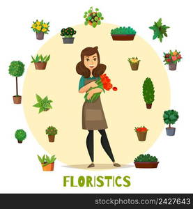 Florists concept set with flowers and plants symbols flat vector illustration. Florists Concept Set