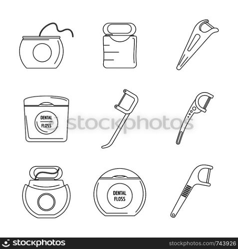Floss dental brushing teeth icons set. Outline illustration of 9 floss dental brushing teeth vector icons for web. Floss dental teeth icons set, outline style