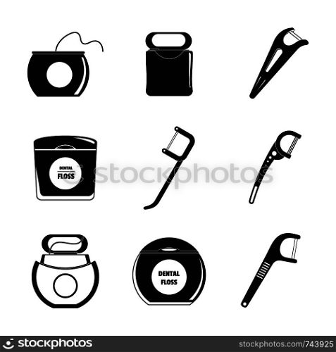 Floss dental brushing teeth icons set. Simple illustration of 9 floss dental brushing teeth vector icons for web. Floss dental teeth icons set, simple style