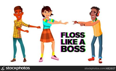Floss Like Boss Vector Web Banner Template. Young Men And Women Dancing Floss Characters. Teenagers Performing Modern Trendy Dance. Multiethnic Students, Friends Having Fun Flat Illustration. Floss Like Boss Vector Web Banner Template