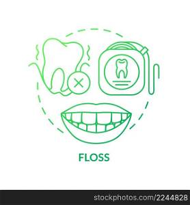 Flossing teeth green gradient concept icon. Good dental hygiene abstract idea thin line illustration. Removing food and plaque between teeth. Isolated outline drawing. Myriad Pro-Bold font used. Flossing teeth green gradient concept icon