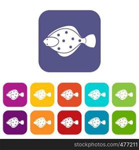 Flounder fish icons set vector illustration in flat style in colors red, blue, green, and other. Flounder fish icons set