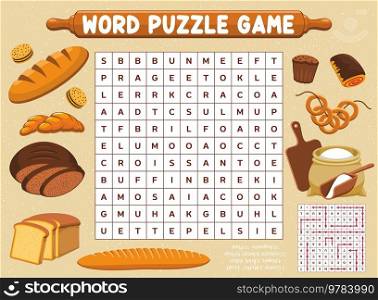 Flour, bread and bakery word search puzzle game worksheet, kids quiz grid. Vector crossword for children with cartoon cookie, muffin, loaf and bagels, brick, bun, croissant and baguette. Flour, bread and bakery word search puzzle game