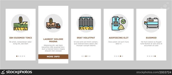 Flour Factory Industry Production Onboarding Mobile App Page Screen Vector. Wheat And Oat, Barley And Rice Flour For Baking Pastry Dessert Line. Agronomy Field With Growing Machine Illustrations. Flour Factory Industry Production Onboarding Icons Set Vector