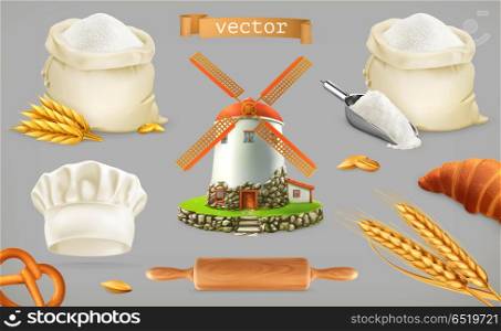 Flour. Mill, wheat, bread, chef hat. 3d vector icon set