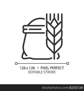 Flour pixel perfect linear icon. Bag of wheat. Cooking bread. Baking ingredient. Raw agricultural product. Thin line illustration. Contour symbol. Vector outline drawing. Editable stroke. Flour pixel perfect linear icon