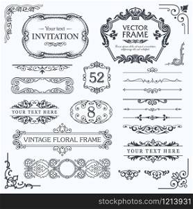 Flourish border corner and frame collection. Decorative elements for design invitations, frames, menus