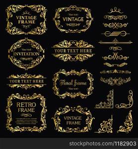 Flourish border corner and frame gold collection. Decorative elements for design invitations, frames, menus