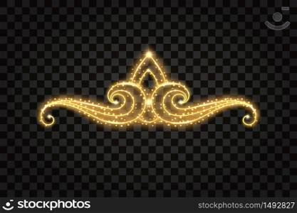Flourish design element with gold glow effect. Decorative swirl with golden glittering, sparkles, shiny stars and dust particles. Vector illustration