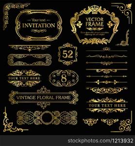 Flourish gold border corner and frame collection. Decorative elements for design invitations, frames, menus