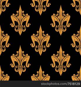Flourish golden beige fleur-de-lis seamless pattern ornamental elements isolated on black. For royal heraldic themes or textile, interior or design.. Fleur-de-lis elements seamless pattern