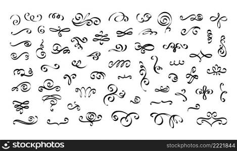 Flourish ornament elements. Calligraphy decorative fancy swirl drawing. Typography curve swash lines and filigree spirals. Elegant dividers and vignettes. Vector isolated ink embellish sketches set. Flourish ornament elements. Calligraphy decorative fancy swirl drawing. Typography curve swash lines and spirals. Elegant dividers and vignettes. Vector isolated embellish sketches set