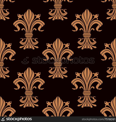 Flourish seamless pattern of beige fleur-de-lis ornamental elements in brown and maroon colors. Textile, interior or royal heraldic themes design. Seamless pattern of fleur-de-lis flowers