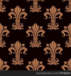 Flourish seamless pattern of beige fleur-de-lis ornamental elements in brown and maroon colors. Textile, interior or royal heraldic themes design. Seamless pattern of fleur-de-lis flowers