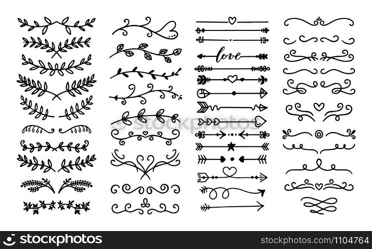Flourish sketch ornament divider. Floral ornamental doodle dividers, vintage hand drawn tribal arrow and calligraphic decor border vector set. Victorian branches, swirls and botanical dividers. Flourish sketch ornament divider. Floral ornamental doodle dividers, vintage hand drawn tribal arrow and calligraphic decor border vector set. Decorative branches and elegant curls