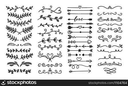 Flourish sketch ornament divider. Floral ornamental doodle dividers, vintage hand drawn tribal arrow and calligraphic decor border vector set. Victorian branches, swirls and botanical dividers. Flourish sketch ornament divider. Floral ornamental doodle dividers, vintage hand drawn tribal arrow and calligraphic decor border vector set. Decorative branches and elegant curls