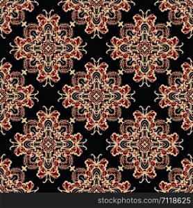 Flourish tiled pattern. Abstract floral geometric seamless oriental background. Indian fabric pattern. Vector illustration seamless tile Flowers on black , red and white colors.