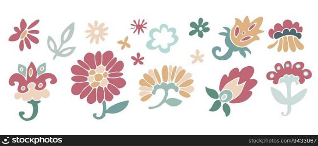 Flourishing and blooming flowers and buds, isolated leaves, and foliage. Leafage and floral biodiversity. Colorful stems and leafage. Spring and summer seasonal blossom. Vector in flat style. Blooming flowers and leaves, floral decoration
