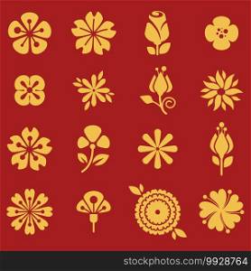 Flourishing botanical plants on red, spring and summer blooming. Golden petals and leaves of tulip, daisy and orchid. Biodiversity and revival of flora. Organic bouquets, vector in flat style. Blooming flowers, tulip and rose, daisy flourishing vector