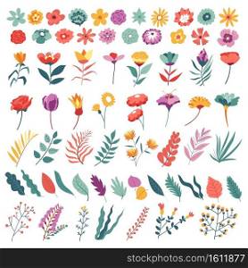 Flourishing flowers and leaves, roses and tulips, daisy and pansy, calendula and poppy. Set of decoration for spring or summer holidays celebration. Botanical decor, plants flora with branches vector. Flowers and leaves set, botanical collection in bloom