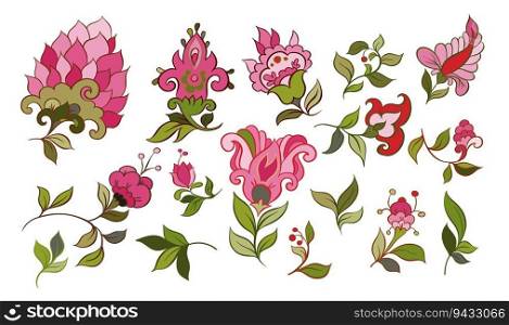 Flourishing flowers buds and leaves, foliage and decoration. Isolated floral adornment parts, plants and wildflowers with blossom and blooming. Houseplant with berries on branch. Vector in flat style. Blooming flowers with stems and leaves vector