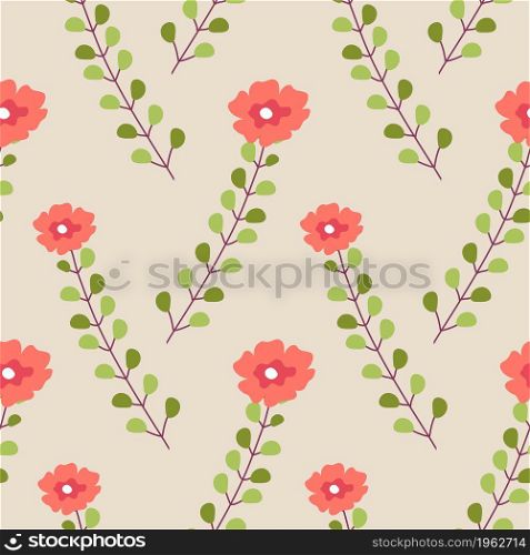Flourishing flowers with stem and leaves, springtime and summer seamless pattern. Composition for background or print, wallpaper or wrapping. Wild flora ornaments decor. Vector in flat style. Blooming flowers with stems and foliage vector