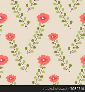 Flourishing flowers with stem and leaves, springtime and summer seamless pattern. Composition for background or print, wallpaper or wrapping. Wild flora ornaments decor. Vector in flat style. Blooming flowers with stems and foliage vector