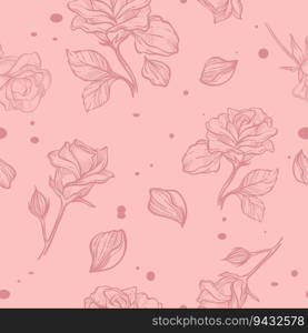 Flourishing roses and leaves, floral stems, and foliage. Petals and branches of botany. Blooming and blossom in spring. Seamless pattern, wallpaper print, or background. Vector in flat style. Blooming flowers, roses with leaves and petals