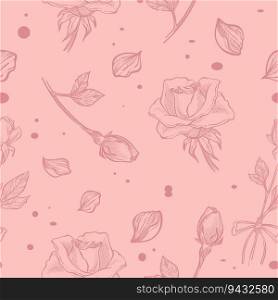 Flourishing roses with petals, stems and leaves. Blooming floral design and spring blossom, sketch flowers ornament motif. Seamless pattern, wallpaper print or background. Vector in flat style. Blooming roses with petals and leaves, pattern